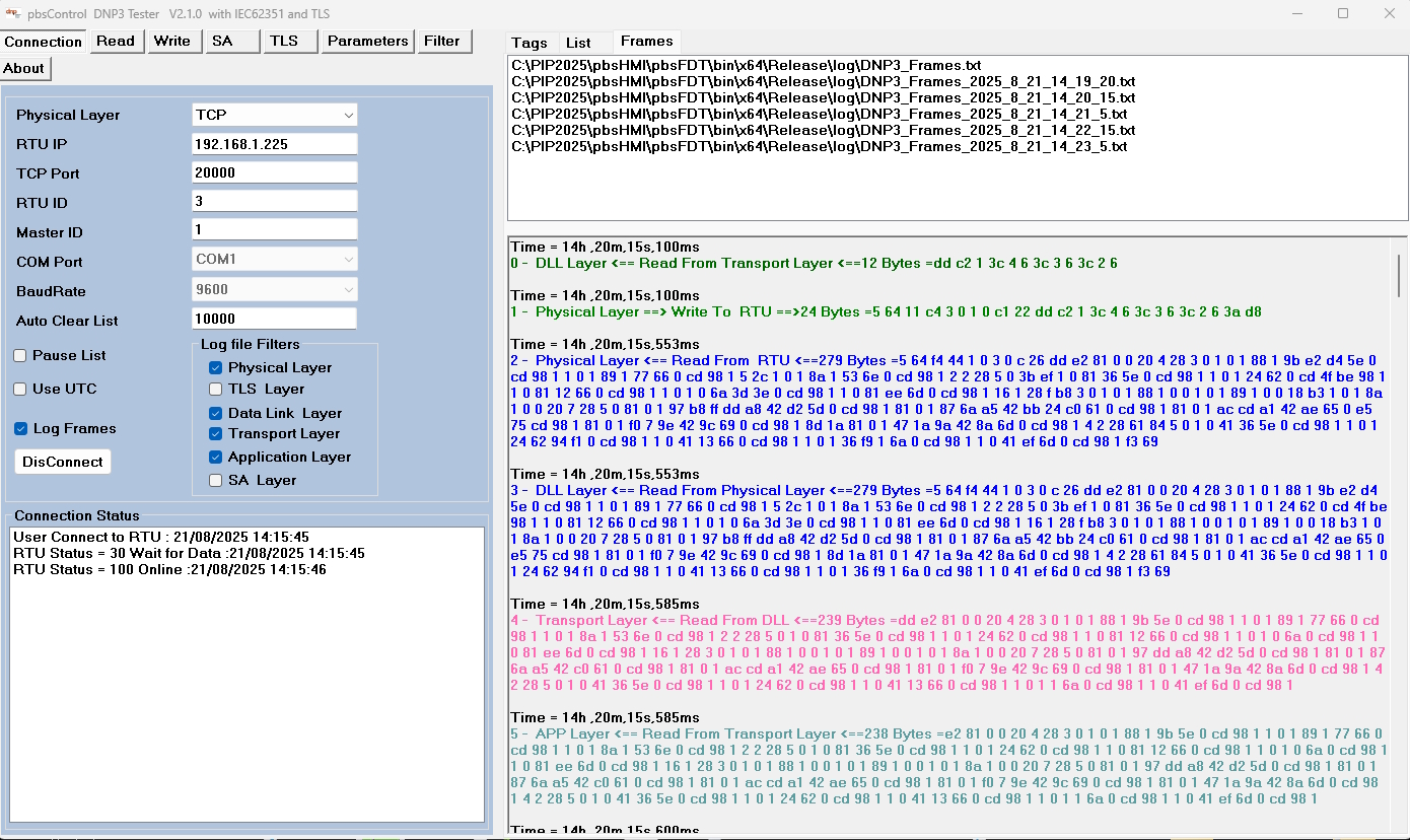 pbsFDT DNP3 Tester Interface